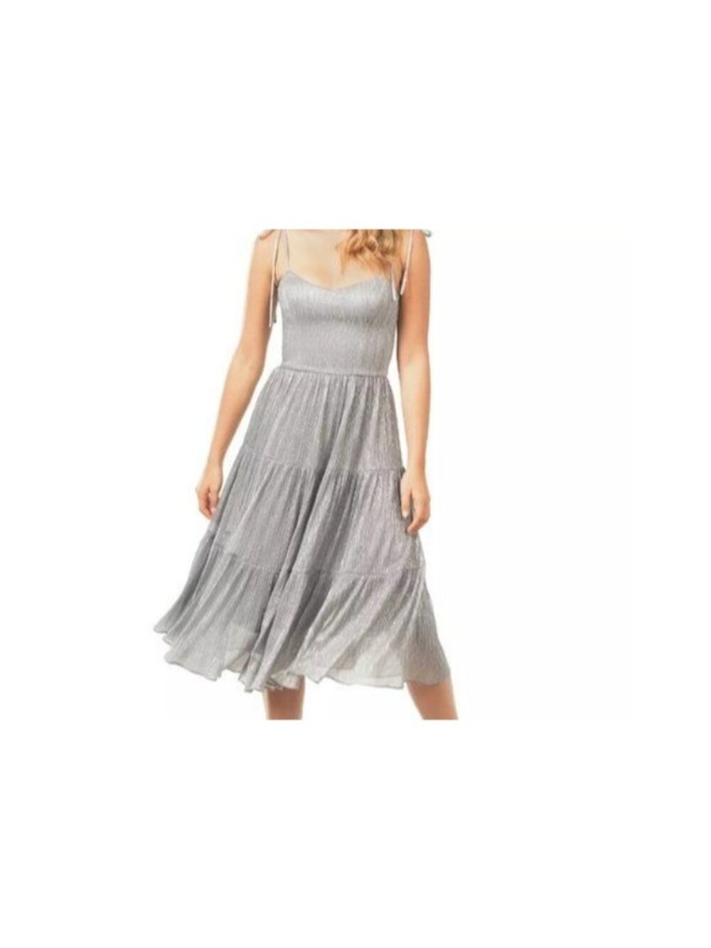 Dress the Population Dream Metallic Tiered Midi Dress Silver Adjustable Lined